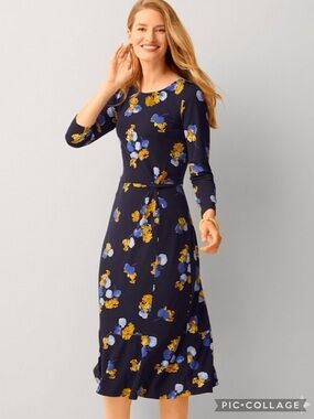 Talbots Navy Blue Floral Twist Waist Midi Dress 14P Brunch Garden Party